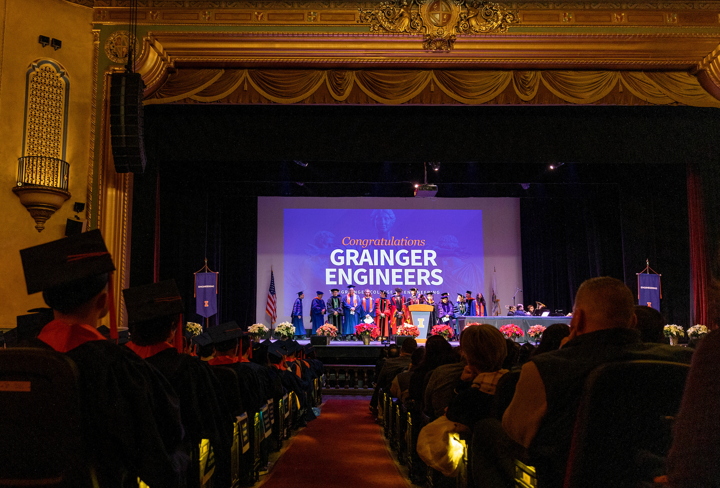 Illinois Grainger Engineering celebrates at the morning ceremony at the Virginia Theatre in Champaign on Dec. 21, 2024. 