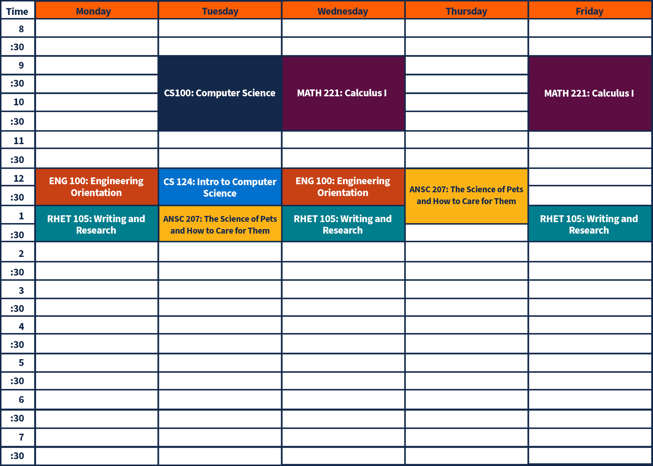 Weekly schedule layout. Monday: ENG 100 Engineering Orientation 12-1, RHET 105 Writing and Research 1-2. Tuesday: CS 100 Computer science 9-11, CS 124 Intro to computer science 12-1, ANSC 207 The science of pets and how to care for them 1-2. Wednesday: MATH 221, Calculus I 9-11, ENG 100 Engineering Orientation 12-1, RHET 105 Writing and Research 1-2. Thursday: ANSC 207 The science of pets and how to care for them 12-1:30. Friday: MATH 221, Calculus I 9-11, RHET 105 Writing and Research 1-2