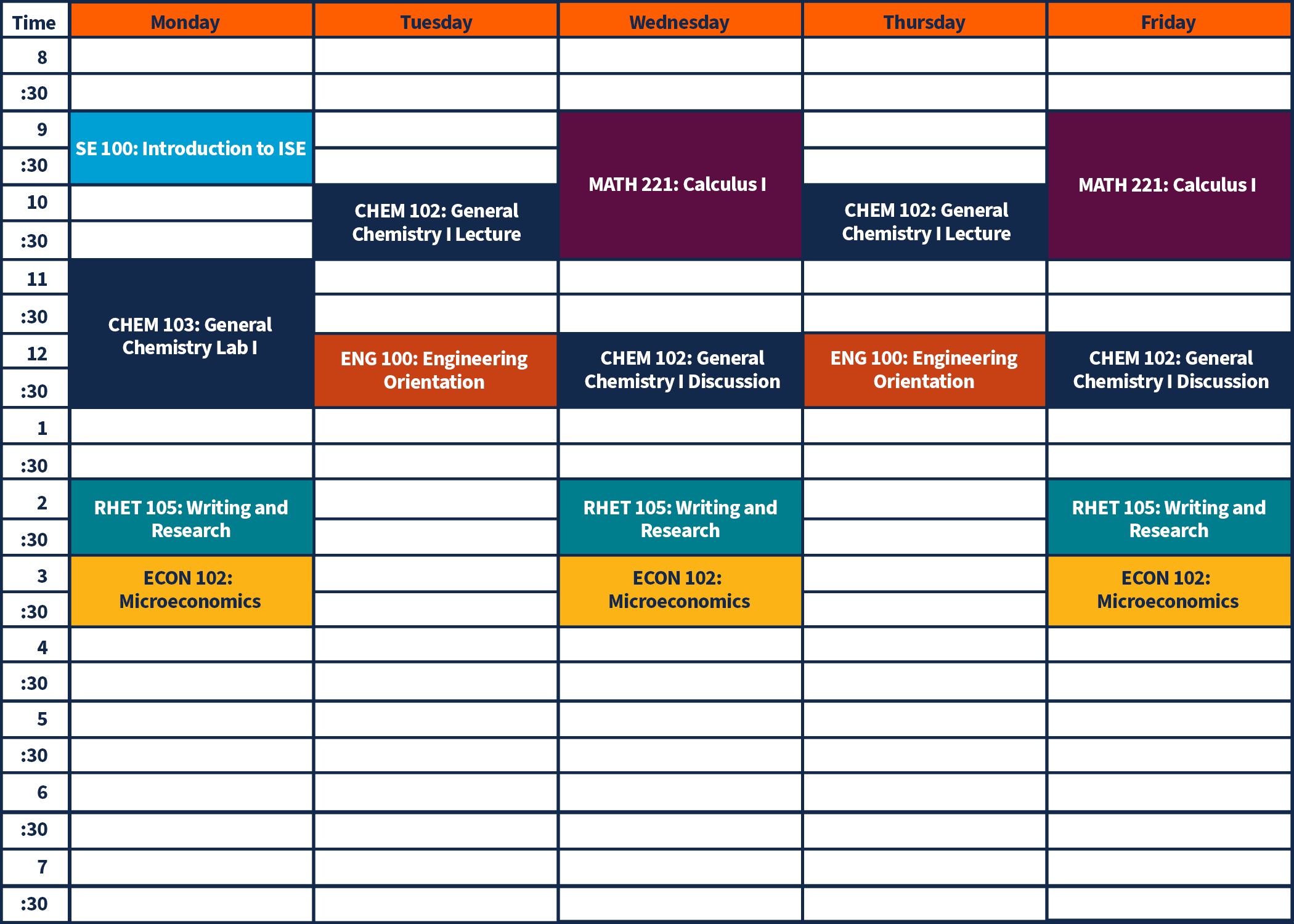 Weekly scheduel layout. Monday: SE 100 Intro to ISE 9-10, CHEM 103 General Chemistry Lab I 11-1, RHET 105 Writing and Research 2-3, ECON 102 Mincroeconomics 3-4. Tuesday: CHEM 102 General Chemistry Lecture I 10-11, ENG 100 Engineerign Orientation 12-1. Wednesday: MATH 221 Calculus I 9-11, CHEM 102 Genreal Chemistry I Discussion 12-1, RHET 105 Writing and Research 2-3, ECON 102 Mincroeconomics 3-4. Thursday: CHEM 102 General Chemistry Lecture I 10-11, ENG 100 Engineerign Orientation 12-1. Friday: Wednesday: MATH 221 Calculus I 9-11, CHEM 102 Genreal Chemistry I Discussion 12-1, RHET 105 Writing and Research 2-3, ECON 102 Mincroeconomics 3-4.