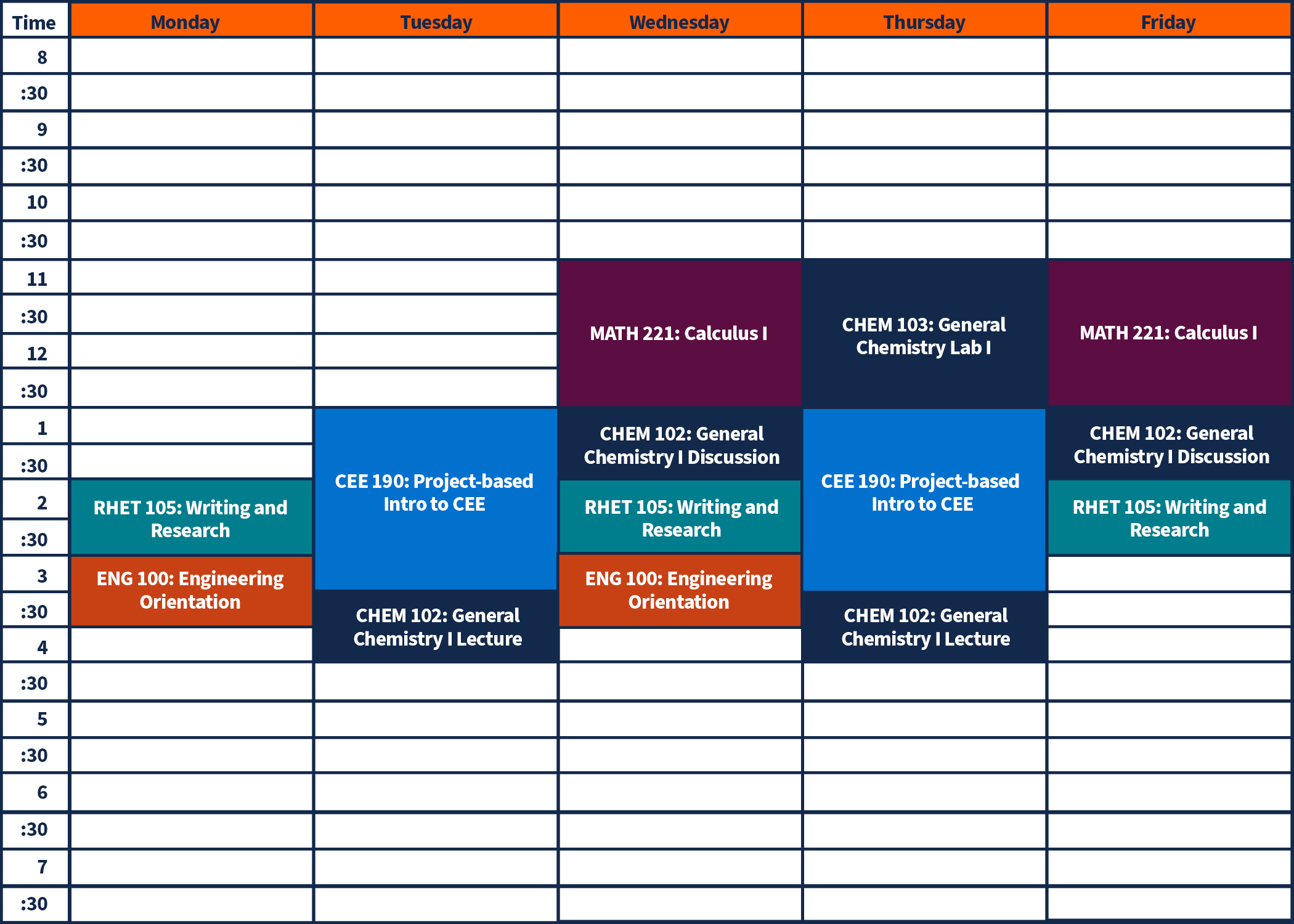 Weekly schedule. Monday: RHET 105 Writing and Research 2-3, ENG 100 Engineerign Orientation 3-4. Tuesday: CEE 190 Project based intro to CEE 1-3:30, CHEM 102 General Chemistry I Lecture 3:30 - 4:30. Wednesday: MATH 221 Calculus I 11-1, CHEM 102 General Chemistry I Discussion 1-2, RHET 105 Writing and Research 2-3, ENG 100 Engineerign Orientation 3-4. Thursday: CHEM 103 General Chemistry Lab I 11-1, CEE 190 Project based intro to CEE 1-3:30, CHEM 102 General Chemistry I Lecture 3:30 - 4:30.  Friday: MATH 221 Calculus I 11-1, CHEM 102 General Chemistry I Discussion 1-2, RHET 105 Writing and Research 2-3.