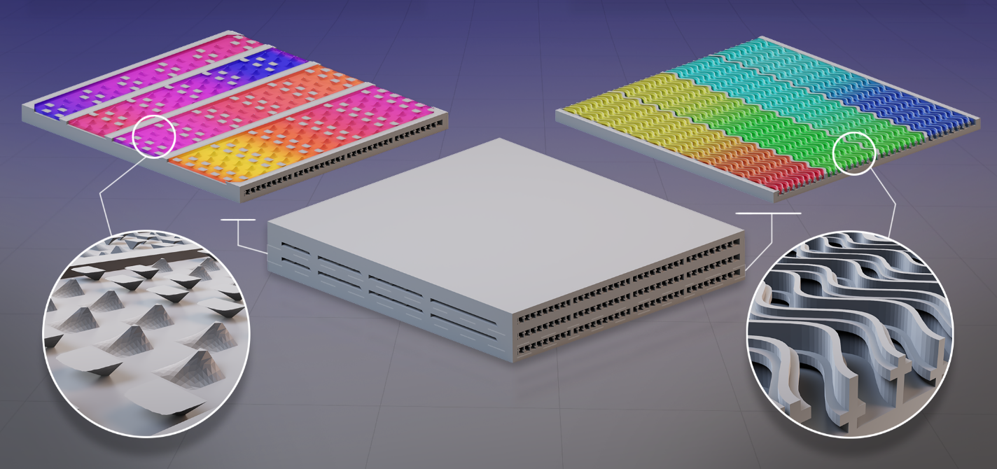 Design of the new heat exchanger showing the exterior shape and internal three-dimensional features. Refrigerant flows through a layer (left) whose shape promotes condensation of the refrigerant, and water flows through wavy fins (right) that offer high heat transfer thanks to their large surface area. The colors indicate temperature distributions within those layers as predicted by computer simulations.