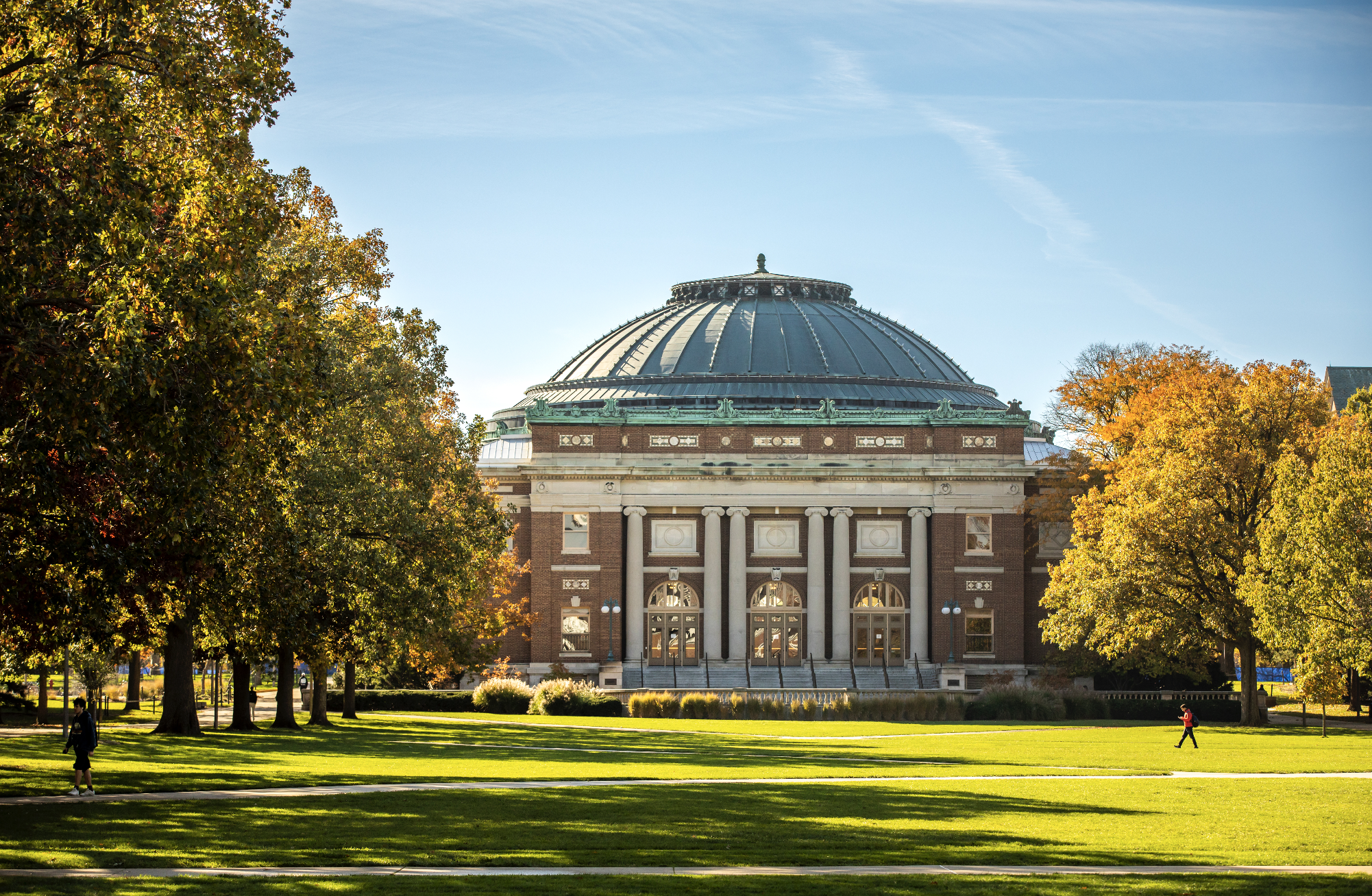 Foellinger Auditorium on the Main Quad during the fall season.