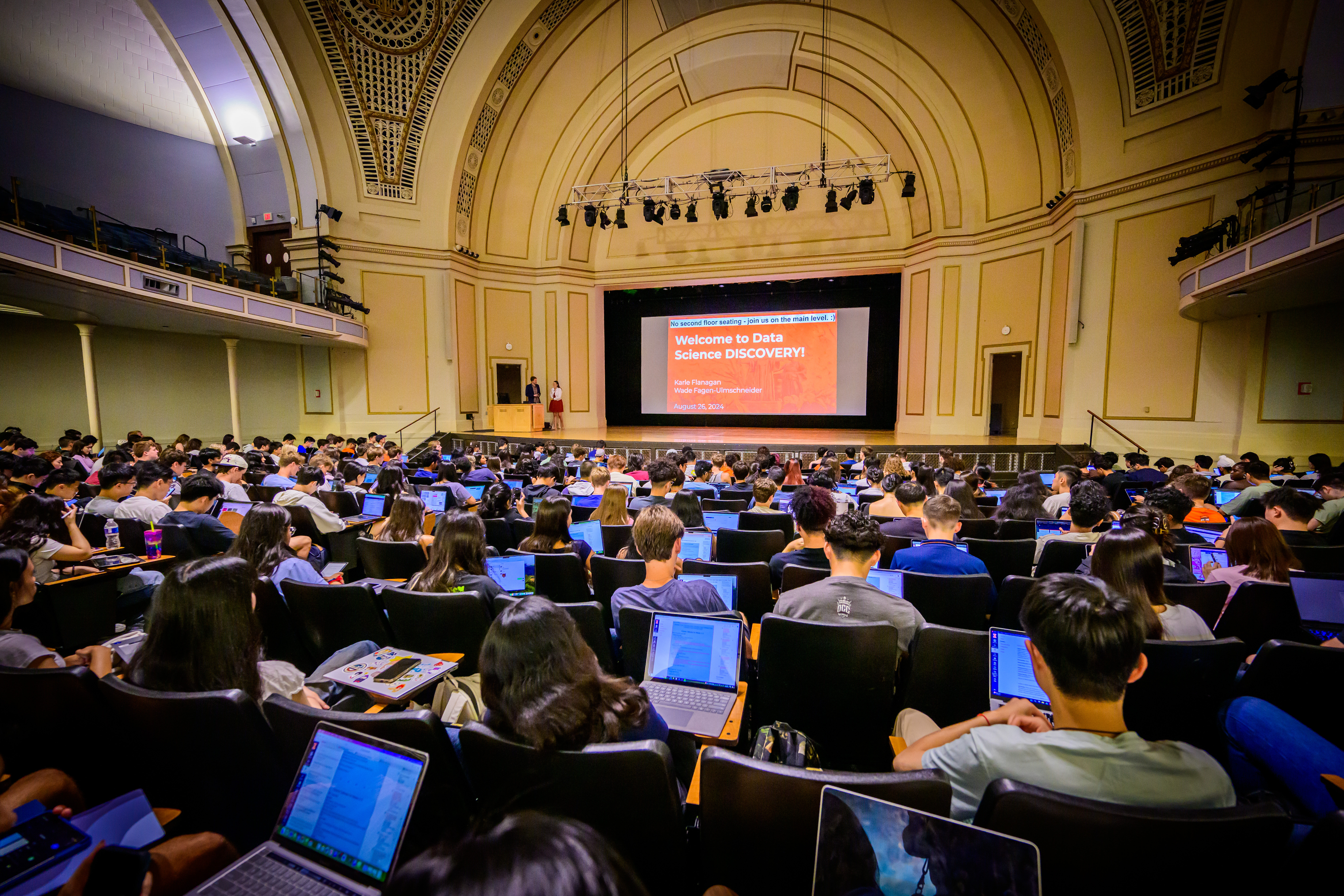 Students gather for a Data Science class in Foellinger Auditorium as they kick off a new semester as the first day of classes start for the fall semester. 