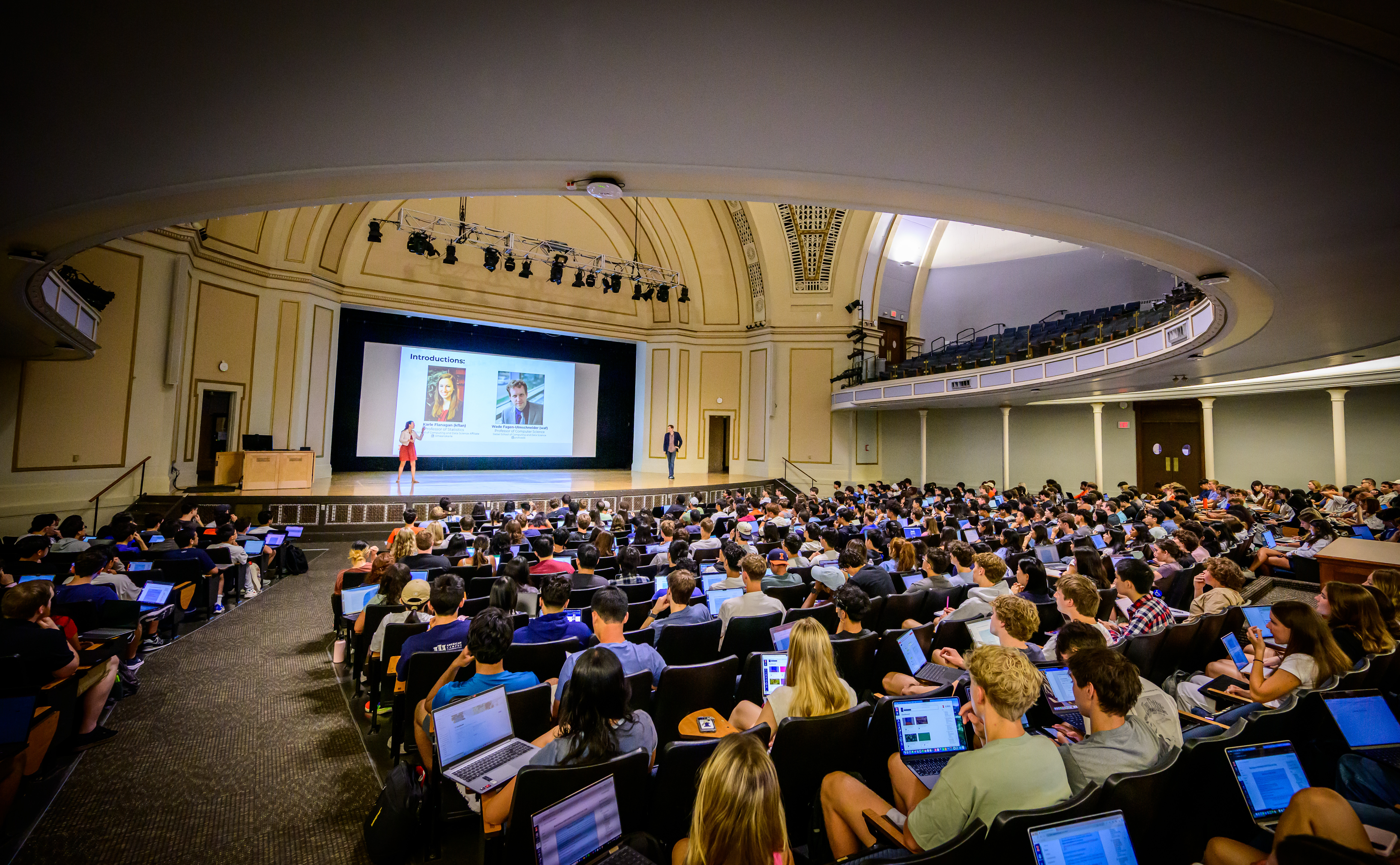Students gather for a Data Science class in Foellinger Auditorium.