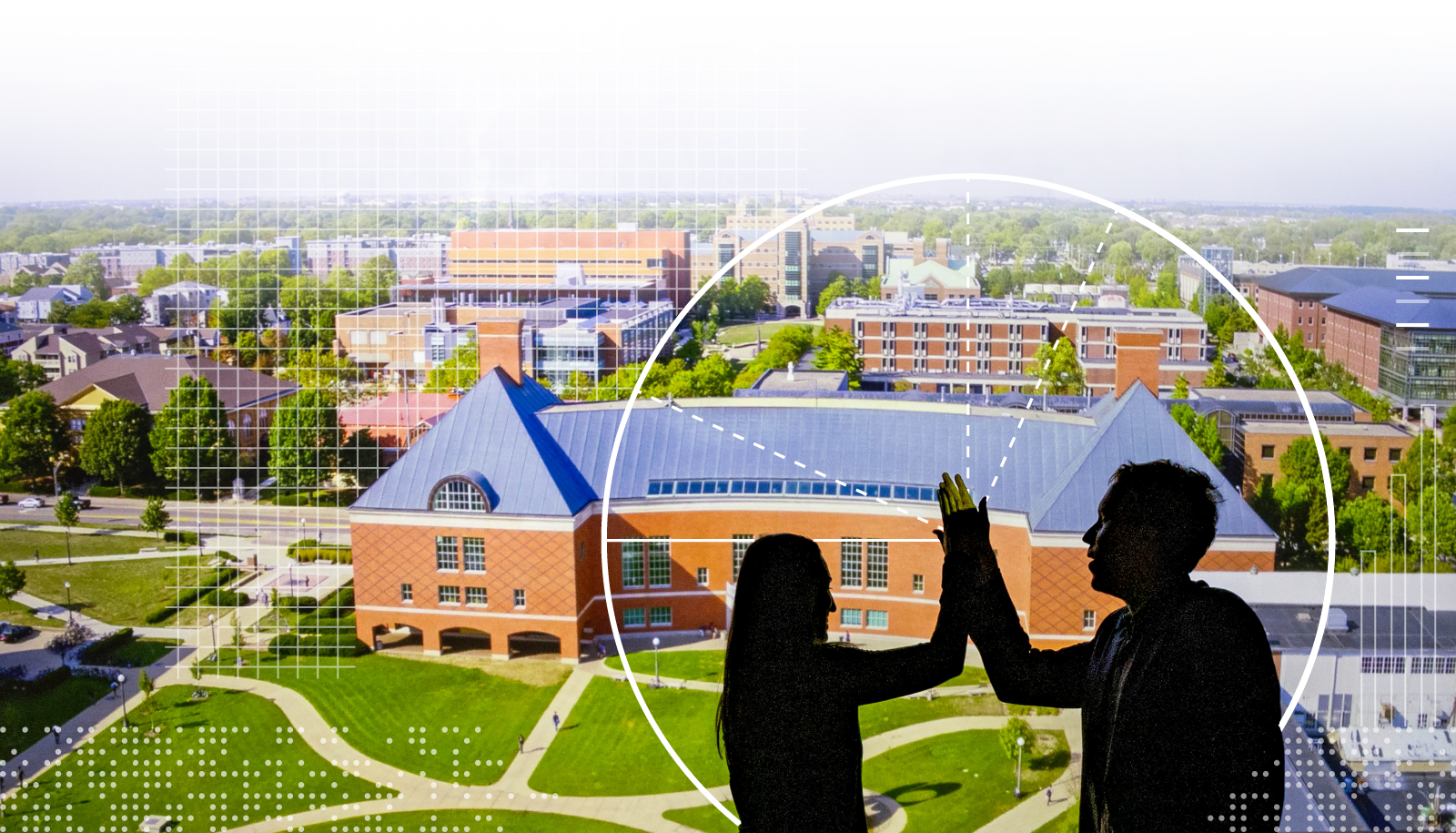 Silhouette of Karle and Wade high-fiving on an aerial photo of Granger Library