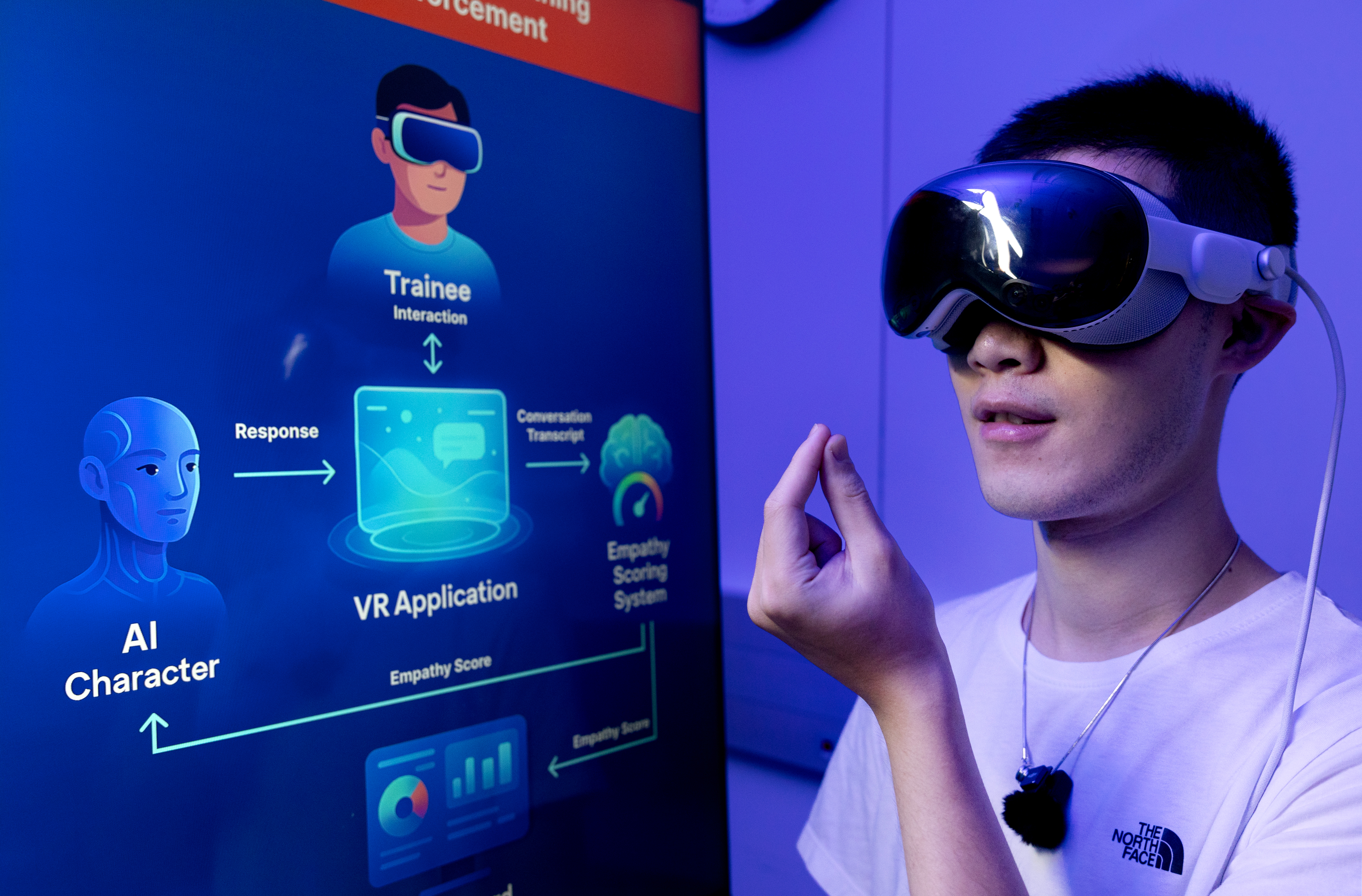 Graduate student Tian Sun immerses himself in empathy in engineering training using a VR application at the JUMP Simulation Center at Everitt Lab on Aug. 4, 2025.