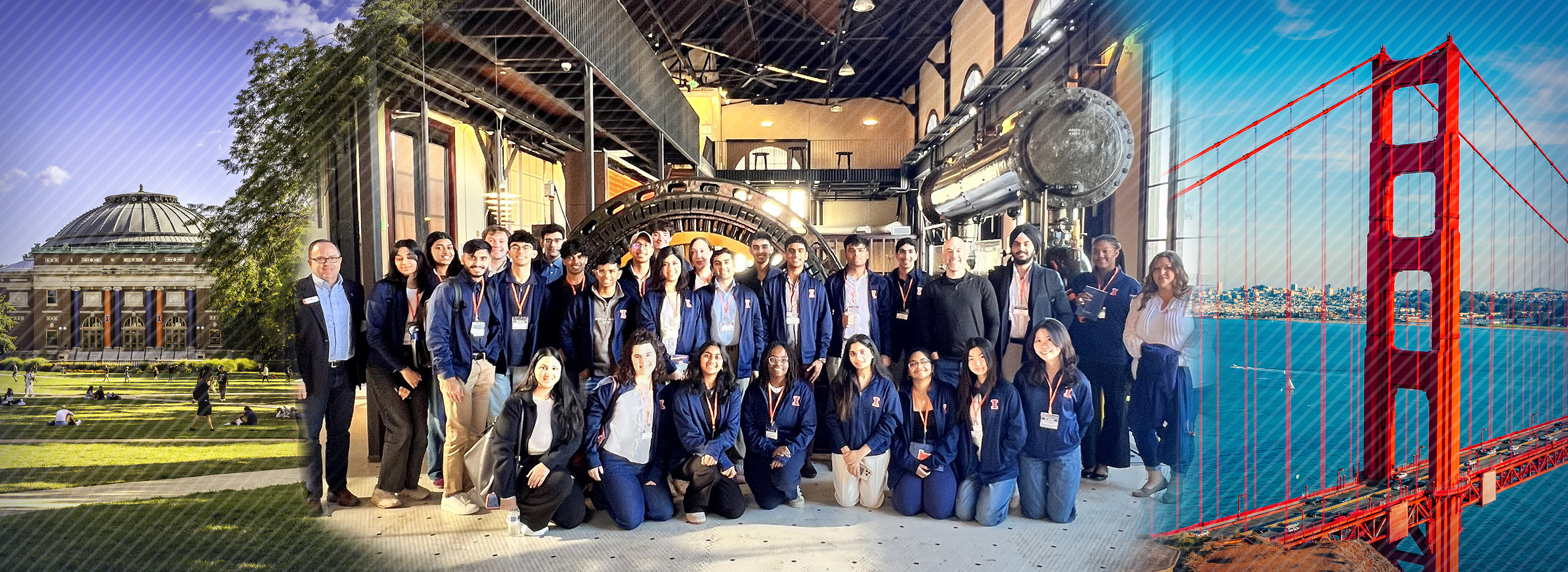 Group photo of more than two dozen U. of I. and Pete Koomen in the lobby of the industrial-looking headquarters of Y Combinator in San Francisco, compiled image with Foellinger Hall on the right and Golden Gate Bridge on the left