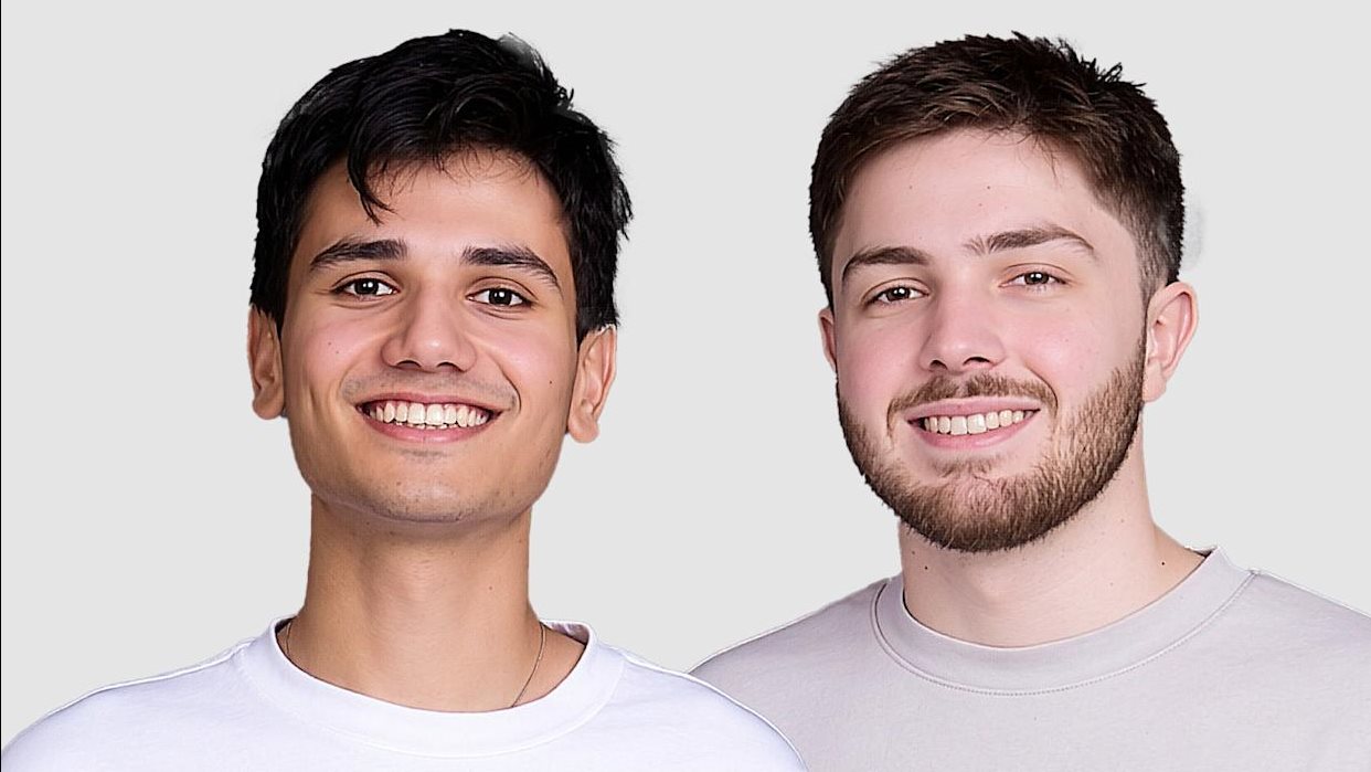 The faces of two people standing side by side.