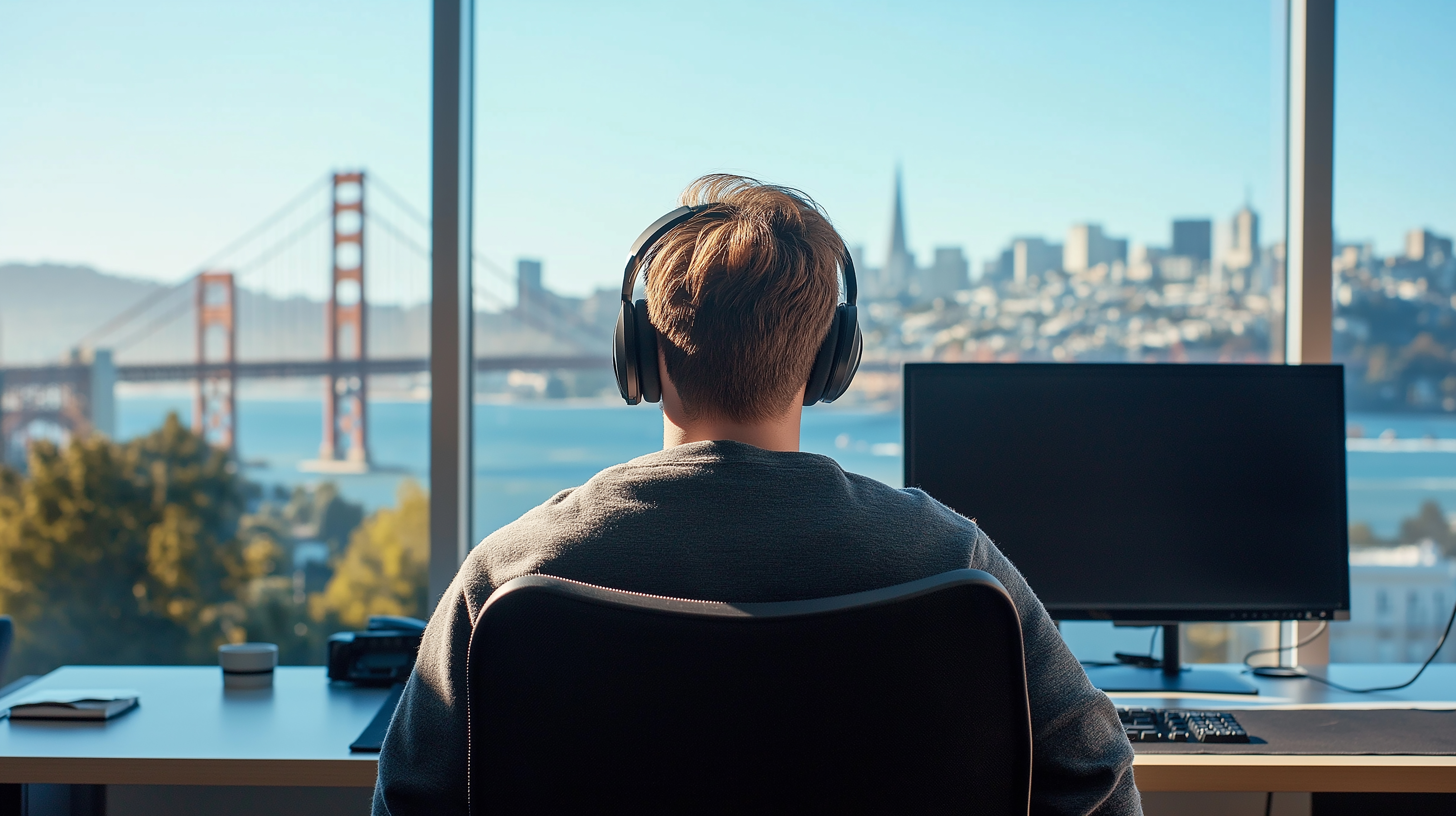 Entrepreneur working from home with golden gate bridge view in san francisco