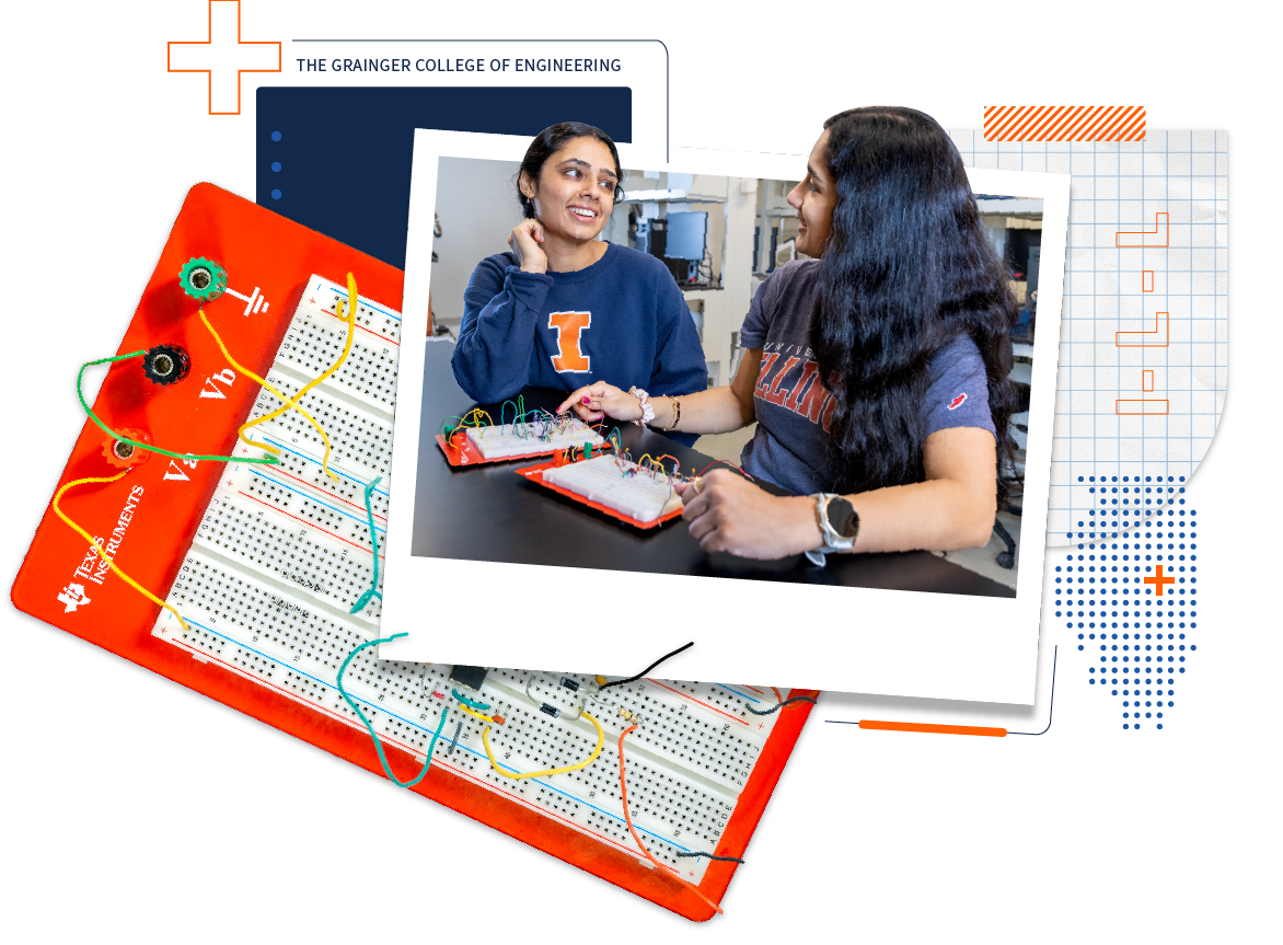 Photo of Divya and Jaya in their Illini gear, working together in a lab; with decorative elements around the photo