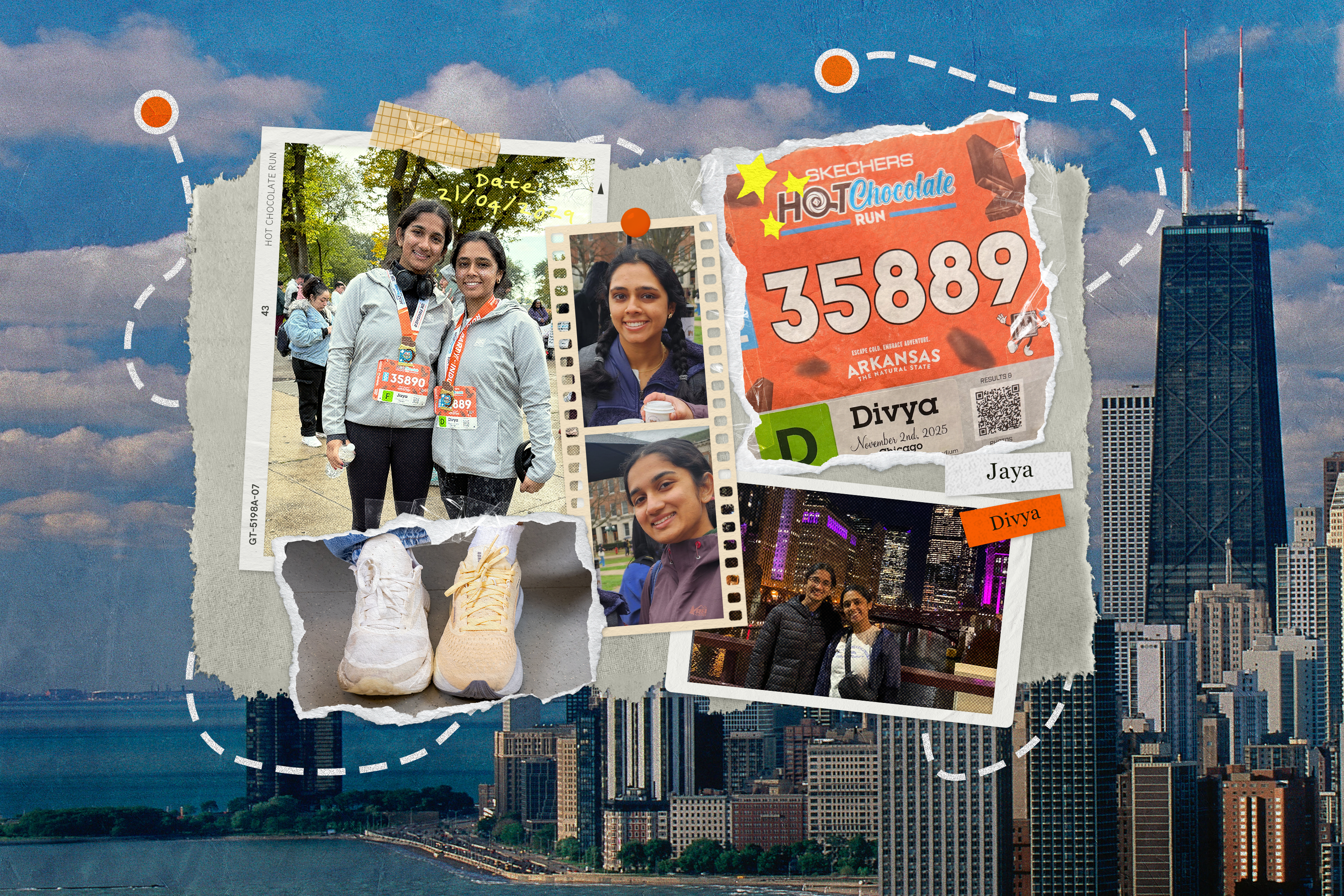 Photos of Divya and Jaya together in a collage with their running photos and the Chicago skyline in the background.