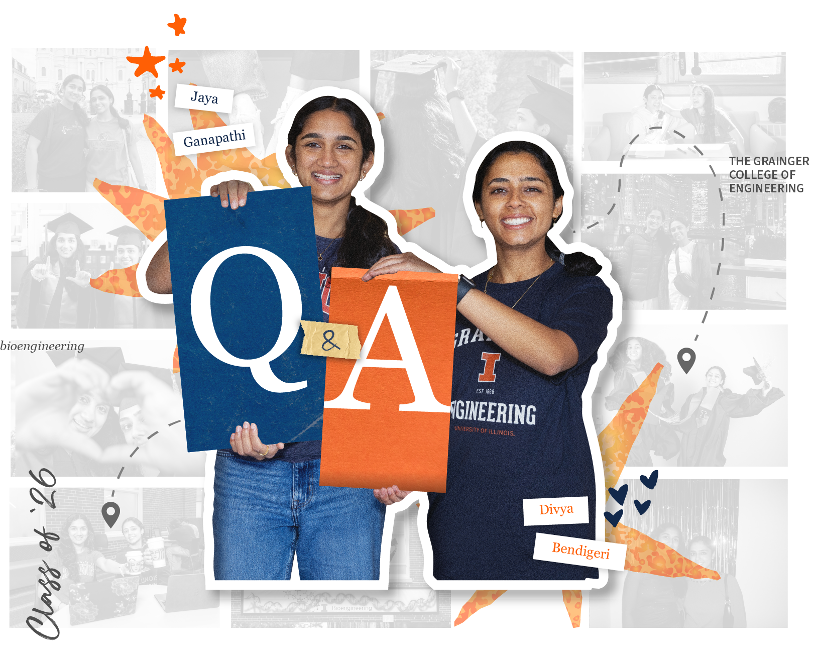 Divya and Jaya together in their Illini gear holding Q&amp;A signs, with some decorative graphical elements.