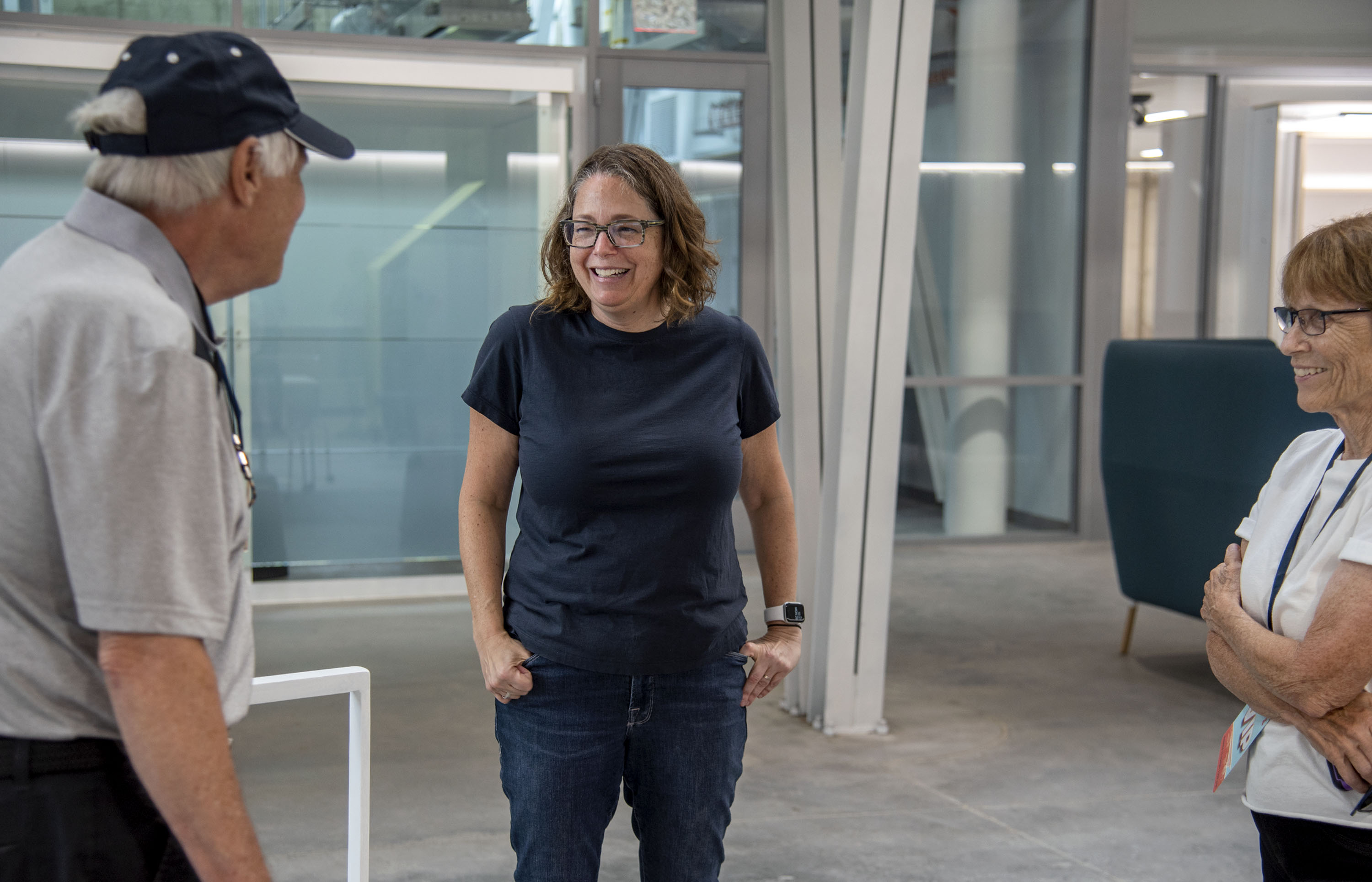 Rachel Switzky, director of Siebel Center for Design, leads a group of University of Illinois alumni on a tour of the facility on Monday, August 2, 2021.