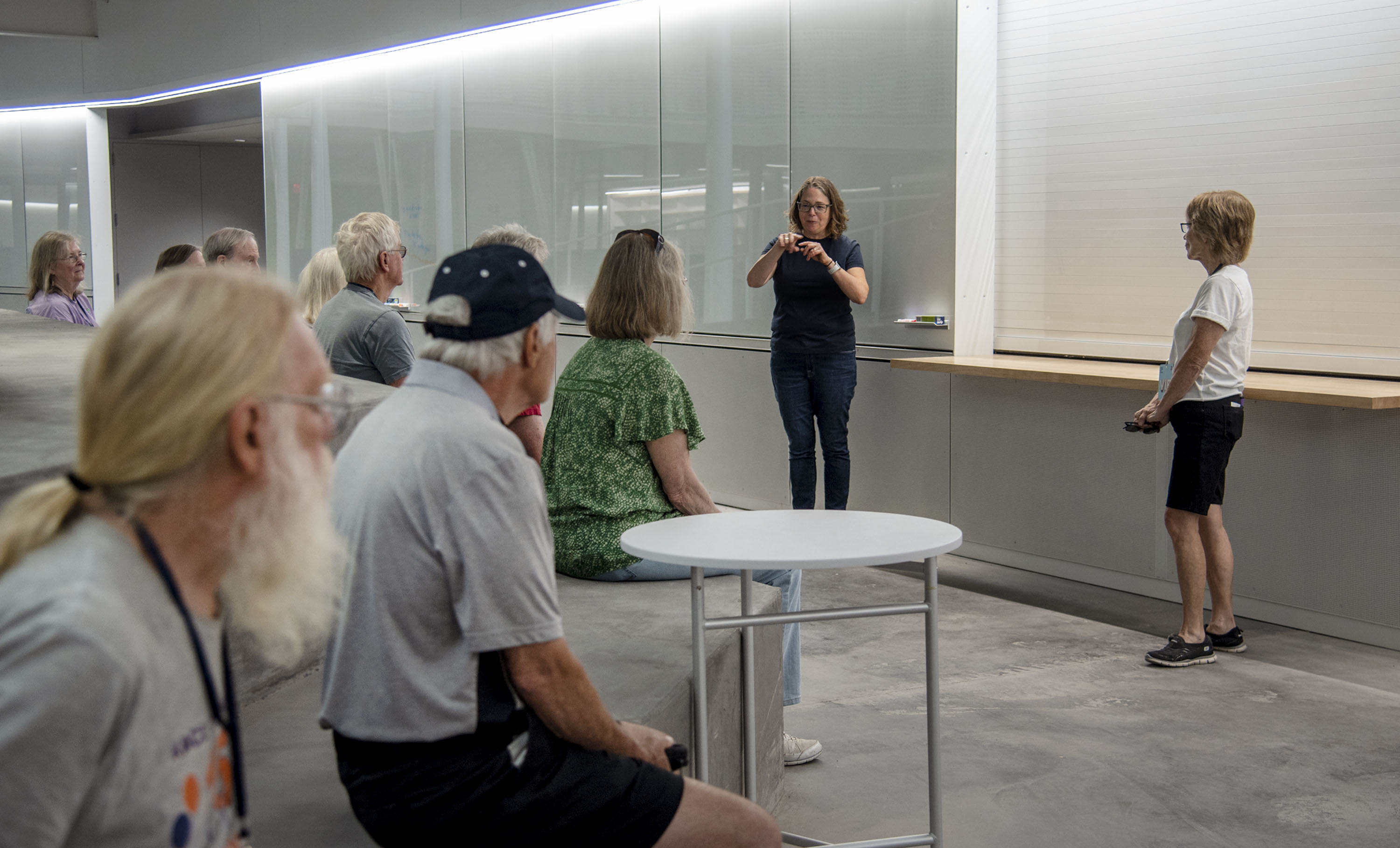 Rachel Switzky, director of Siebel Center for Design, leads a group of University of Illinois alumni on a tour of the facility on Monday, August 2, 2021. 