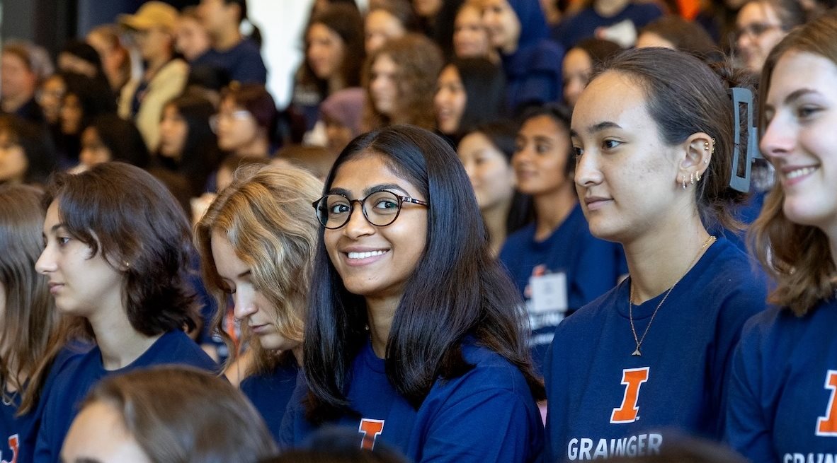 Women in Engineering members fill the Monumental Steps for group photos at the Campus Instructional Steps.
