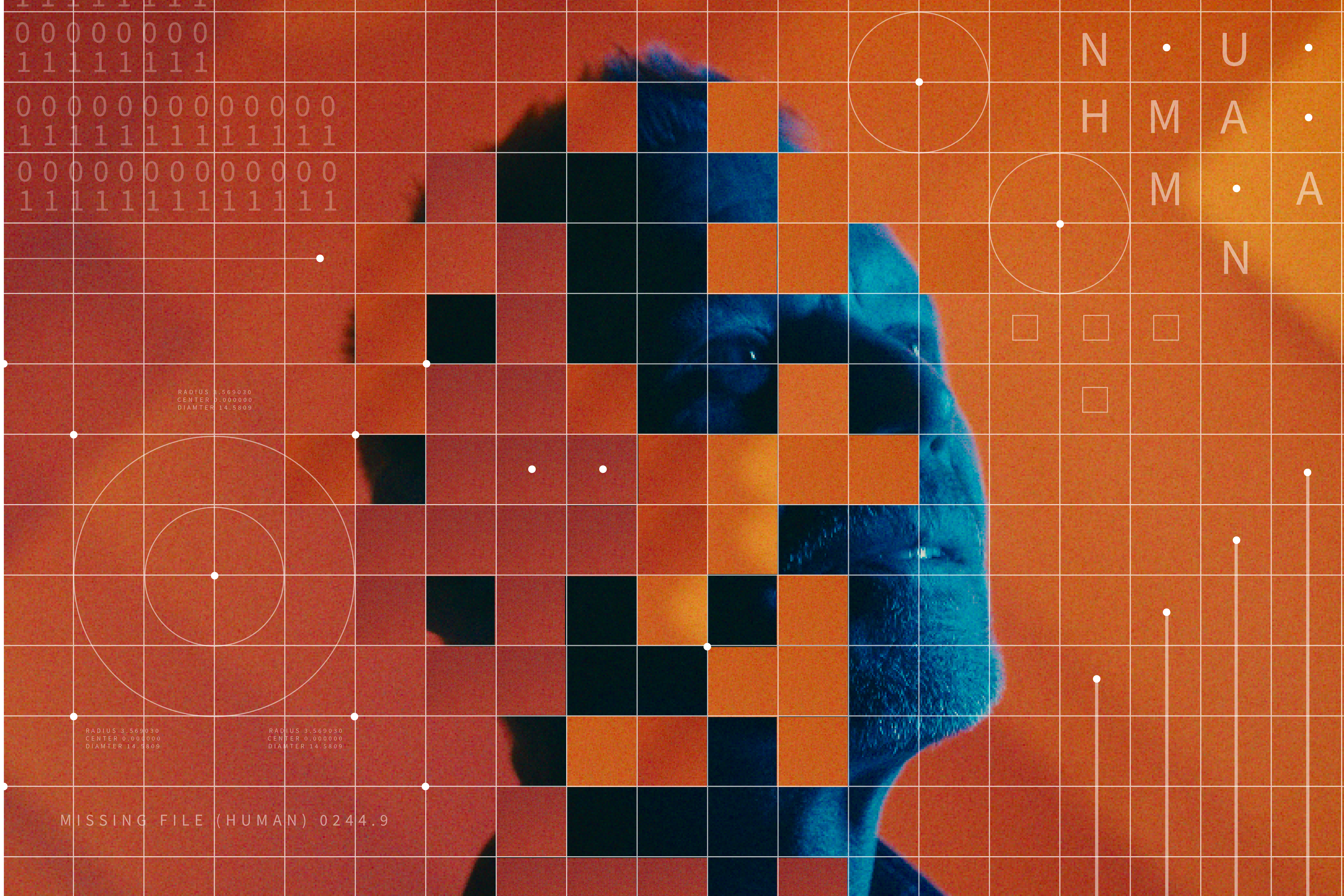 Header image for this multimedia story. Contains an orange grid with binary numbers on the left side and the word &amp;amp;quot;HUMAN&amp;amp;quot; spelled out on the left, with an abstract, navy blue human head and face in the center. Photo courtesy of Jim Vattano.