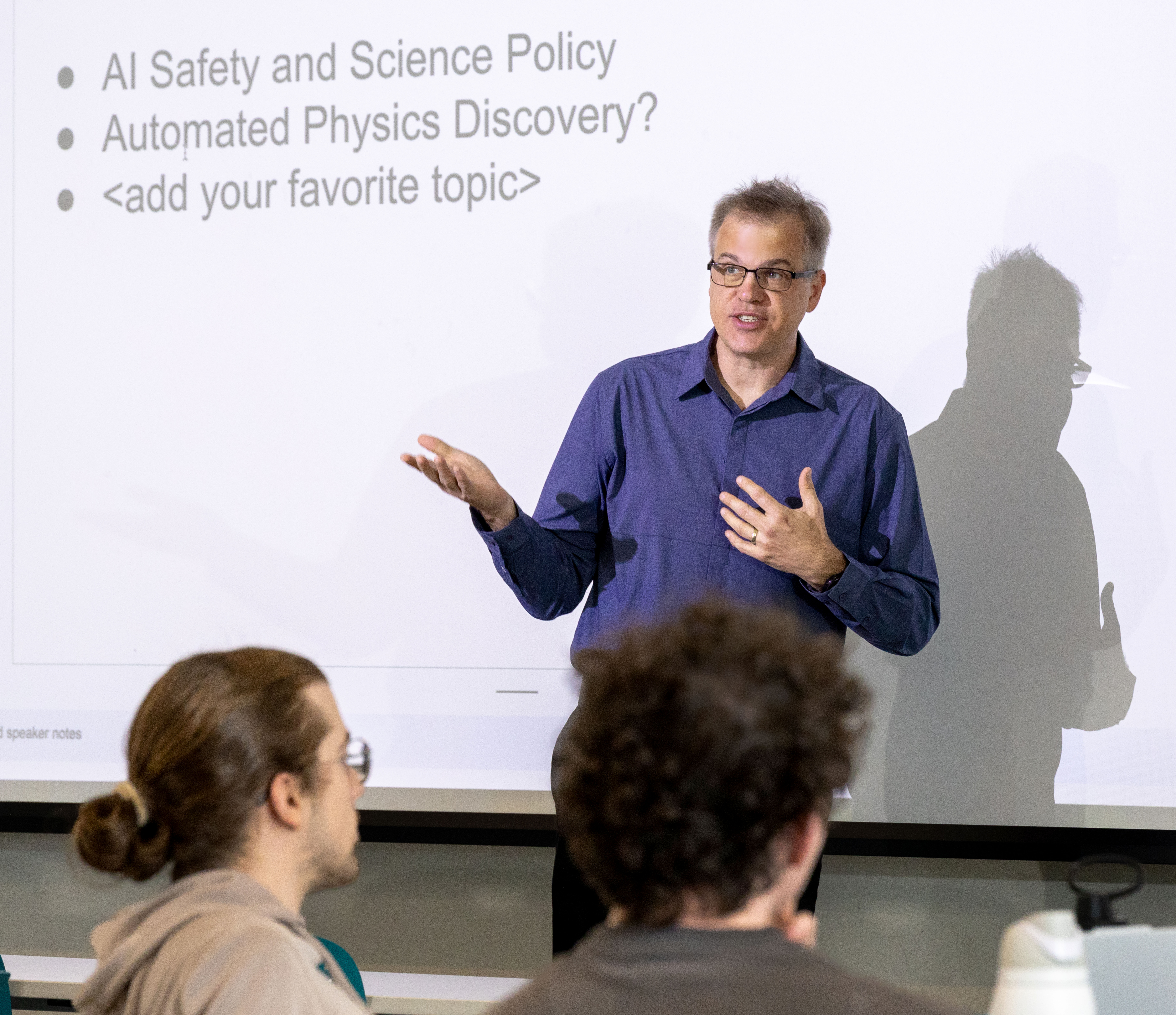 
Physics professor Mark Neubauer instructs his Phys 498 (Machine Learning for Physics) students as they gather in small groups at Sidney Lu MEB on April 22, 2025. The DS + Physics major is under review.