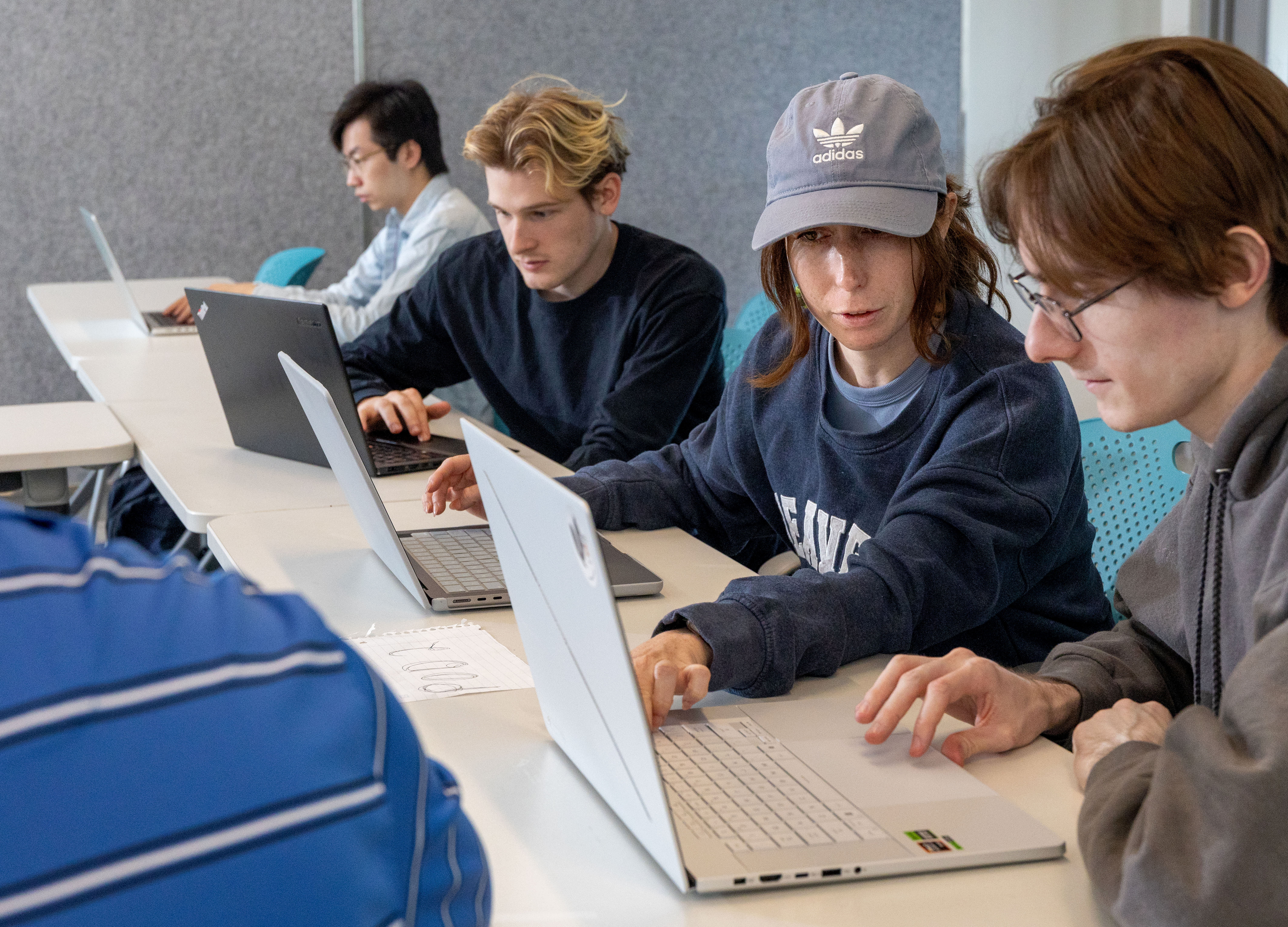 
Physics professor Mark Neubauer instructs his Phys 498 (Machine Learning for Physics) students as they gather in small groups at Sidney Lu MEB on April 22, 2025. The DS + Physics major is under review.