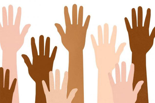 A graphic design of multiple raised arms and hands, each with a different skin tone.