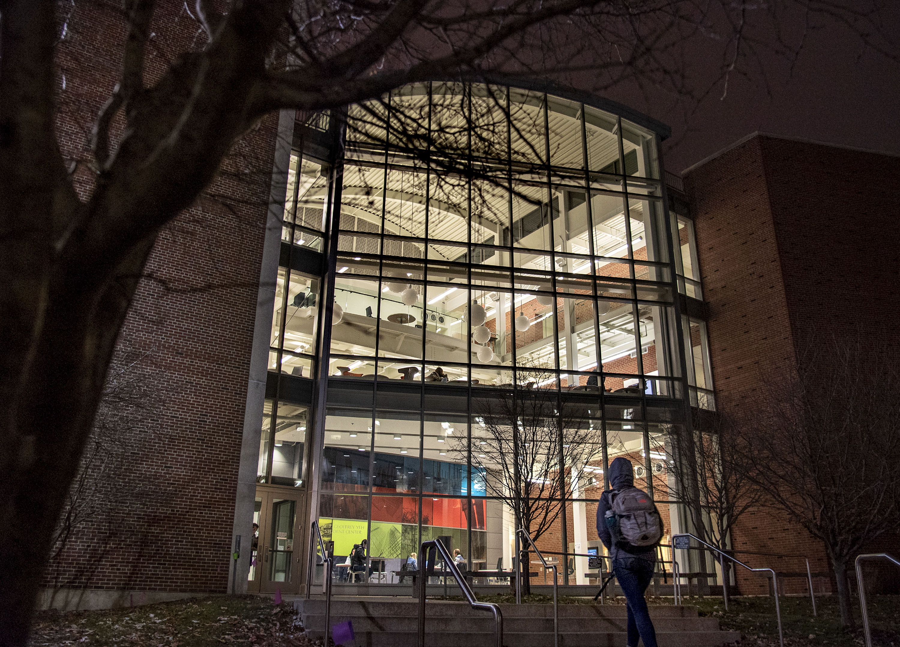 The Yeh center from the outside at night.
