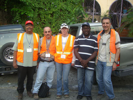 Photo added 3/10/10: Members of the MAE Center team in Port-au-Prince (l to r) Jean Robert Michaud; Ayhan Irfanoglu; Amanda Lewis; Pierre, the team's driver; and Amr Elnashai.