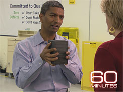 Bloom Energy's K.R. Sridhar, shows Lesley Stahl a pair of fuel cells--key components of the Bloom Box. (CBS)