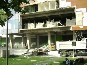 Photo of the collapsed mall wall.