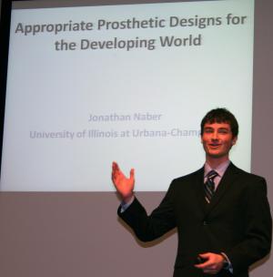 Lemelson-MIT Illinois Student Prize winner Jonathan Naber impressed the audience with his passionate presentation about low-cost prosthetics.
