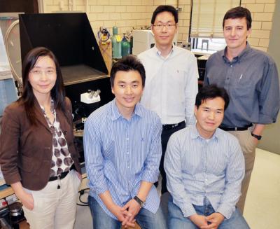 The research team (l to r): Xiuling Li,  Ik Su Chun, Sungjin Jo, Jongseung Yoon, and John Rogers. Photo by Liz  Ahlberg