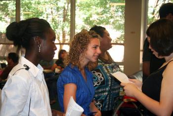 ICE 2010 participants (l to r) Jamie Barber and Rebecca Zabawa discuss final test scores with fellow participant Kate Doyle.