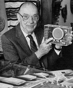 John Bardeen with a transistor radio prototype.