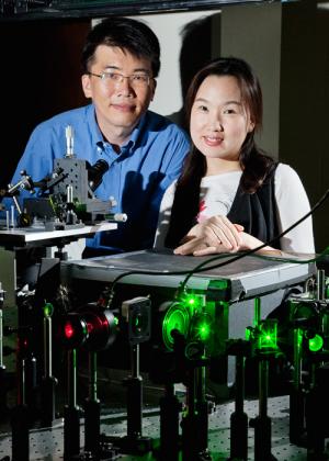Taekjip Ha and graduate student Jeehae Park used fluorescence resonance energy transfer to study how an important DNA enzyme regulates damages sections of DNA. The red and green fluorescent dyes allow them to track a single enzymes activity.