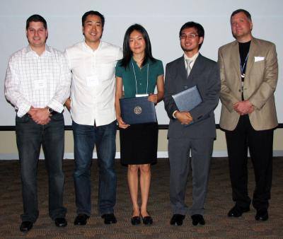 (l-r) Jon Russell and Steven Yi from Jump, CS students Jing Zou and Hyun Duk Cho, and CS department head Rob A. Rutenbar.