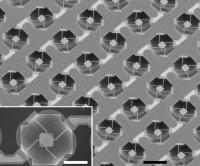 An array of microsensors made of suspended platforms (inset) that can measure cell mass like tiny scales.
