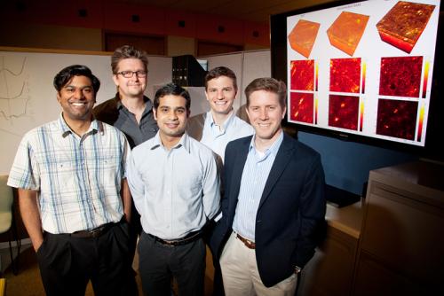 (l to r) Postdoctoral researcher Steven Adie, professor P. Scott Carney, graduate students Adeel Ahmad and Benedikt Graf, and professor Stephen Boppart.