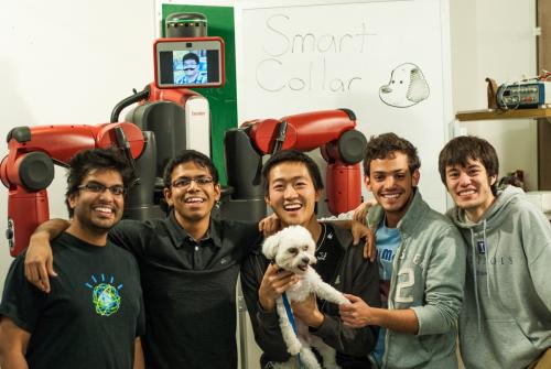 The Smartcollar team: (l to r) Aadeel Akhtar, Brian Chien, Anarghya Mitra, Logan Wan, Carter, Gabriel Hruskovec, and Shugo Tanaka