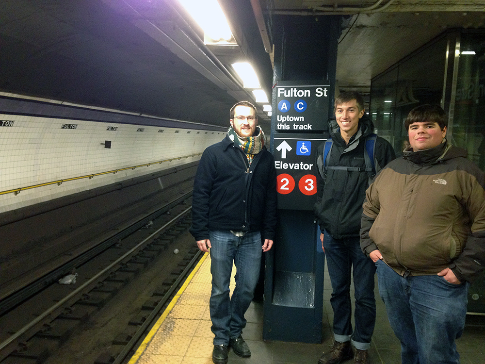 (l to r) CEE graduate research assistants Matthew Csenge, Henry Wolf and Matthew Greve in a New York City subway station.