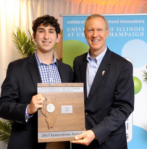 Evan Kaspi, 2014-15 student finalist from North Shore Country Day School, is recognized by Governor Bruce Rauner at the Celebrating High School Innovators Recognition event in Urbana, IL.