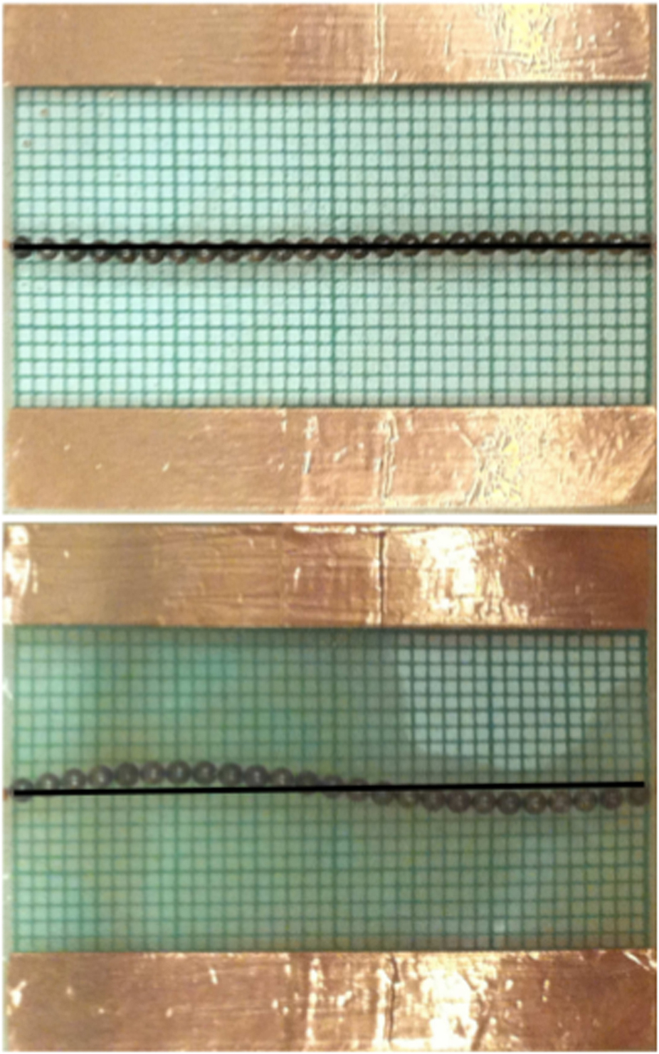 Wire formed at Î”Vâ€‰=â€‰25â€‰kV showing a typical wire at zero transverse field and the deformed wire after the transverse field is switched on.