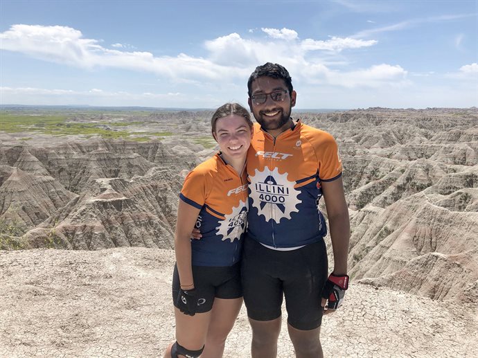Erin Tevonian (B.S. '19, Bioengineering/Biomedical Engineering), left, and Viraat Goel (B.S. '19, Bioengineering) take a break from biking to pose during their Badlands stop in South Dakota during the Illini 4000 Bike America Team trek in summer 2019.