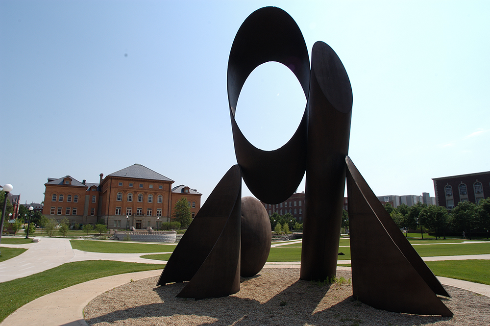 The Mananaan sculpture on the Bardeen Quad