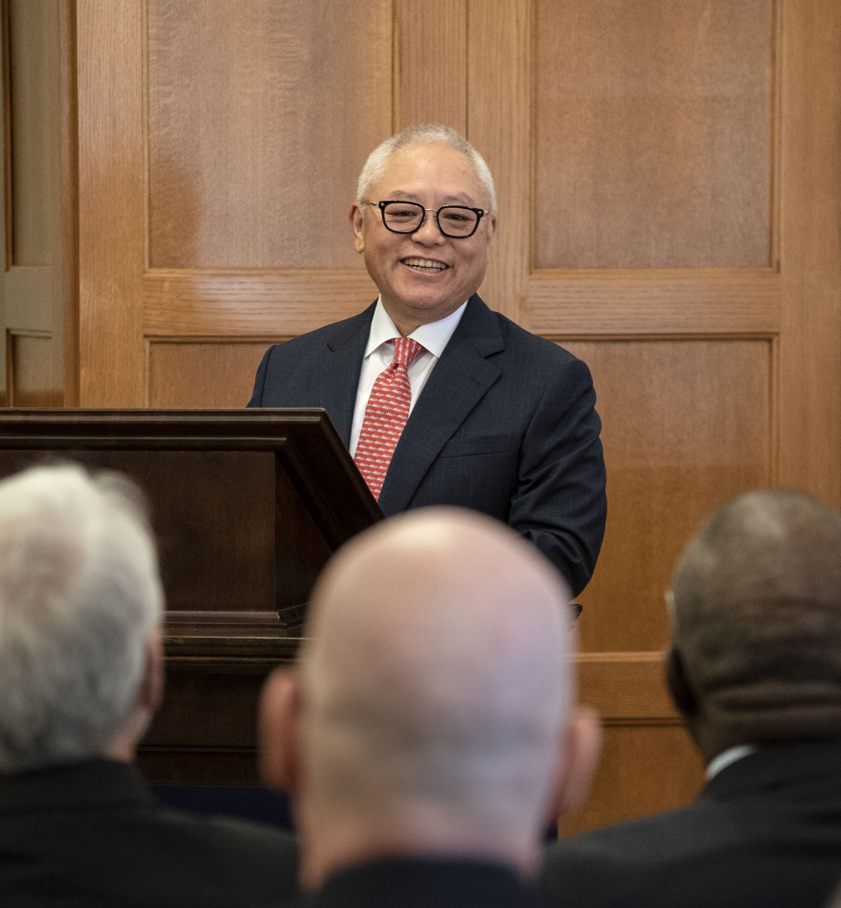 Sidney Lu (BS, ME '81), CEO of Foxconn Interconnect Technology Ltd. (FIT) takes to the podium at the signing ceremony at Engineering Hall in July.