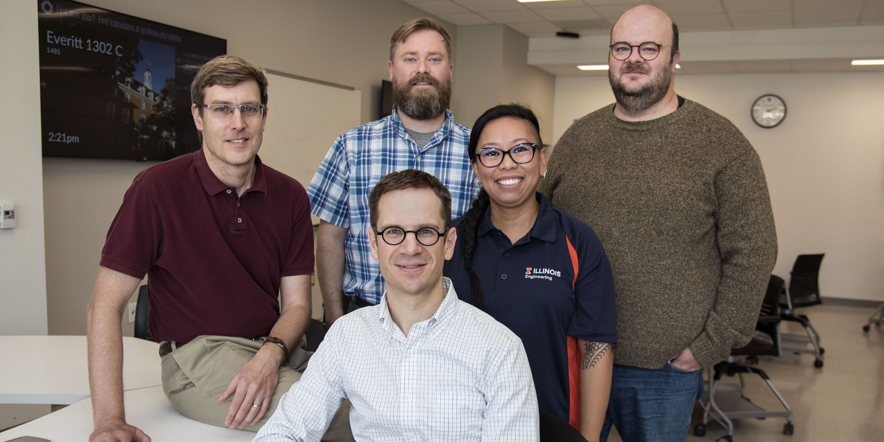 CBTF founders, Craig Zilles, far left, Matthew West, foreground center, and David Mussulman, back row second from left, join administrative team members, Carleen Sacris and Patrick Bailey, far right.