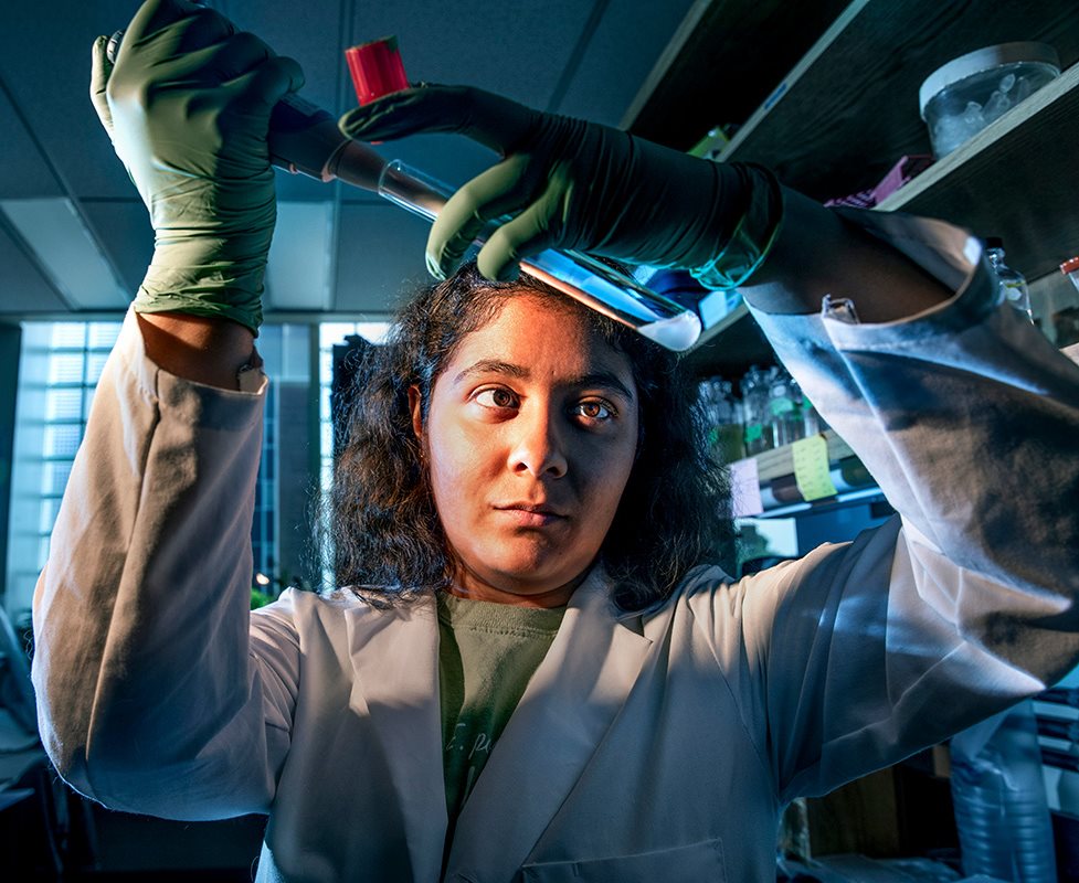 Student in lab extracting liquid from test tube