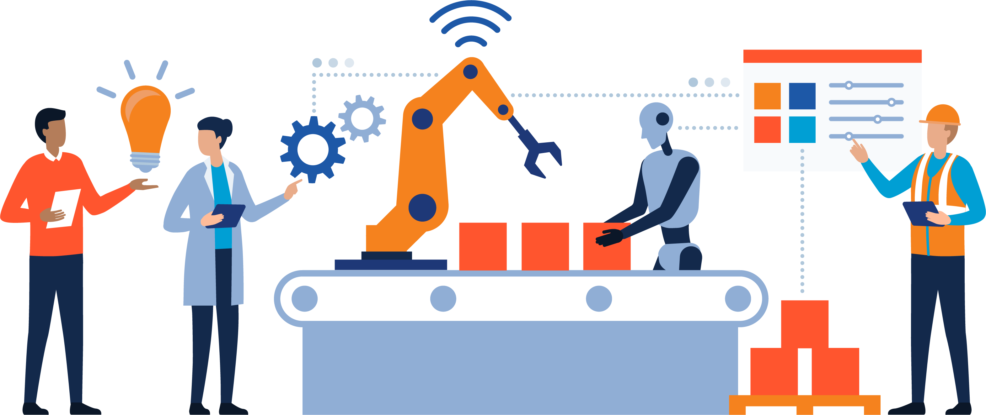 Illustration of engineers and an android using laboratory equipment