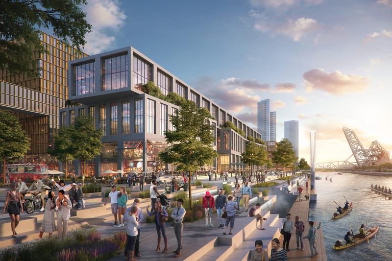 rendering of dpi building with crowd by waterfront