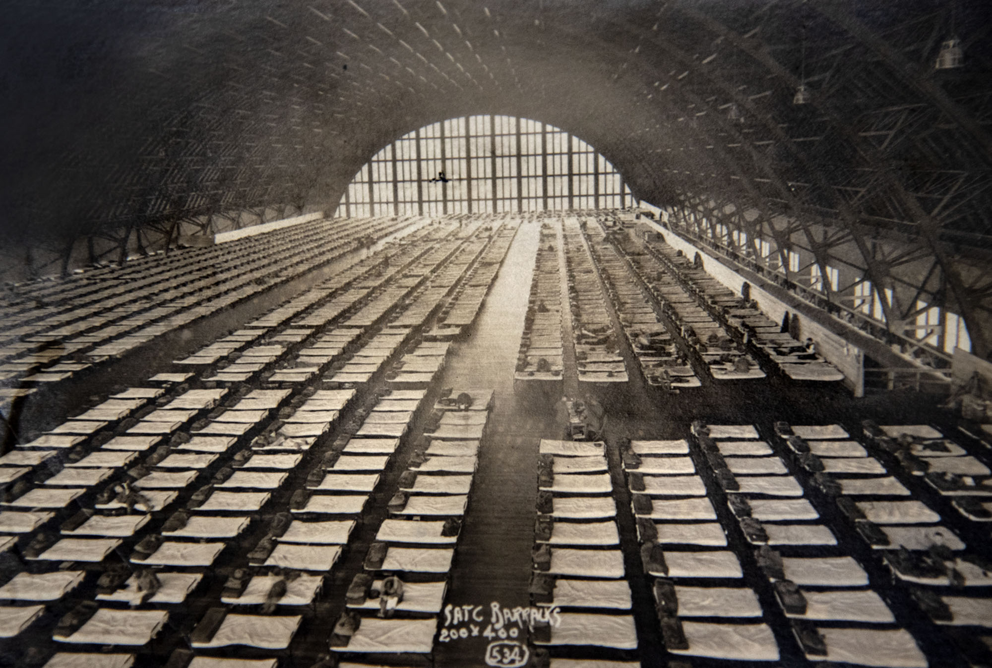 3,400 Members of the Student Army Training Corps, ages 18-21, were trained on campus during the fall semester of 1918. Some 1,500 of them were billeted in the Armory where a temporary second floor was erected to accommodate their cots. The SATC was disestablished at the end of the semester following the Nov. 11 Armistace. <em>Photo courtesy of Joe Rank</em>