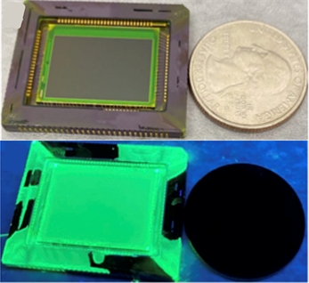 UV imaging sensor compared to a US quarter under white light (top) and under UV light (bottom), green appearance attributed to PNC layer fluorescence.