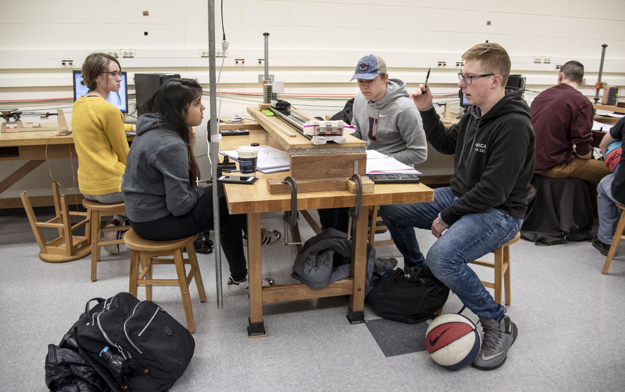 Ryan Nixon&rsquo;s Air Force ROTC lessons in leadership extend to engineering classes, including his leading a small group discussion in Physics 211 lab earlier this spring semester. Nixon isn't the only engineer in his family; his maternal grandfather attended Texas Tech to become a civl engineer. <br /><em>Photo by Heather Coit</em>