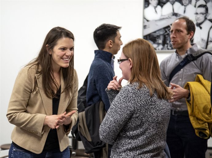 Molly Goldstein, left, an Industrial and Enterprise Systems Engineering teaching professor, mingles with Marcia Pool, a Bioengineering teaching professor and AE3 Education Innovation Fellow, at the Celebration of Teaching event where Goldstein graduated from the Collins Scholars program.